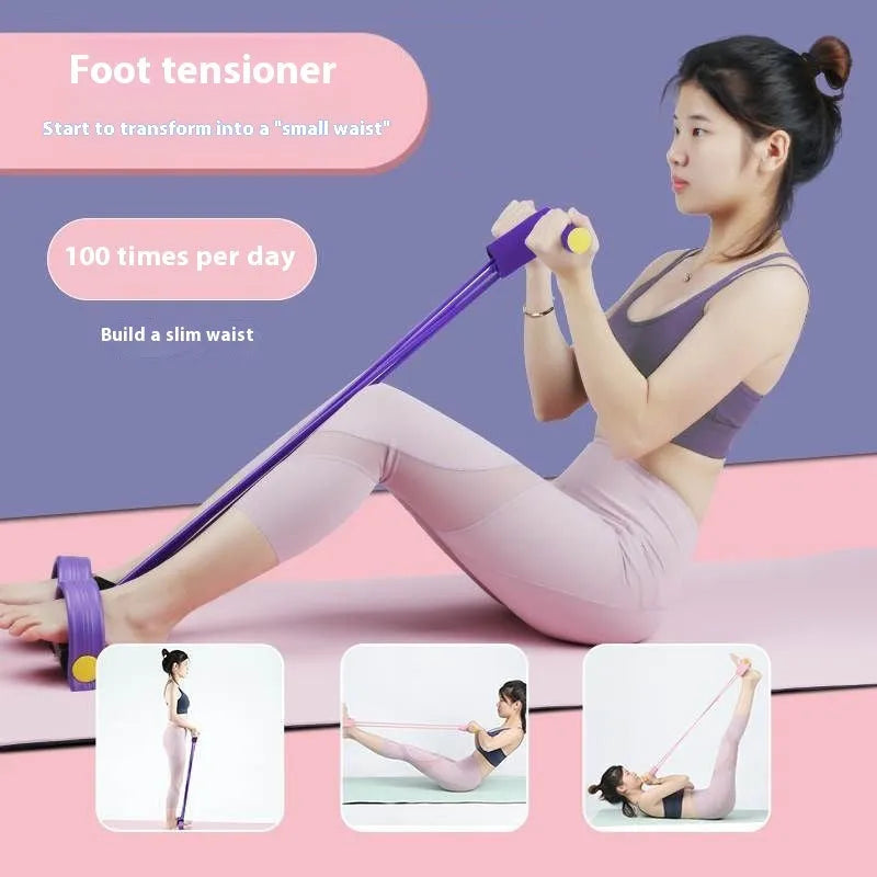 Yoga four piece set showing leg stretching device, pedal exerciser, yoga ring, and tension rope for home fitness training