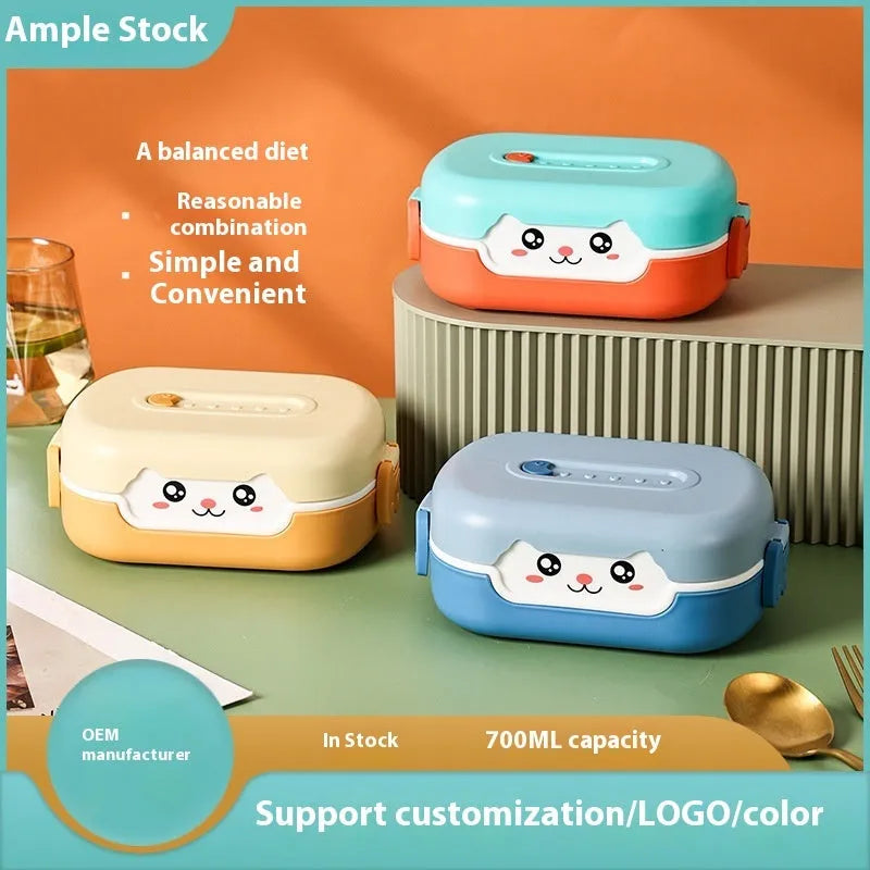 Square plastic lunch box with divided compartments, shown in dark blue, orange yellow, and pink and green colours.