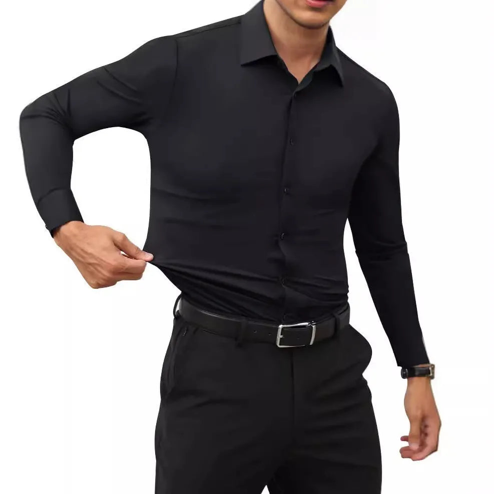 Men's long sleeve cardigan shirt in solid colour with polyester four-way stretch fabric, full elastic force construction