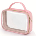 Transparent PVC makeup organiser bag with chain handle in assorted colours on a plain background.