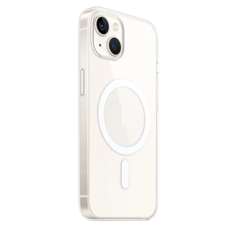 Transparent magnetic back cover case for iPhone showing magnet integration and clear PC material