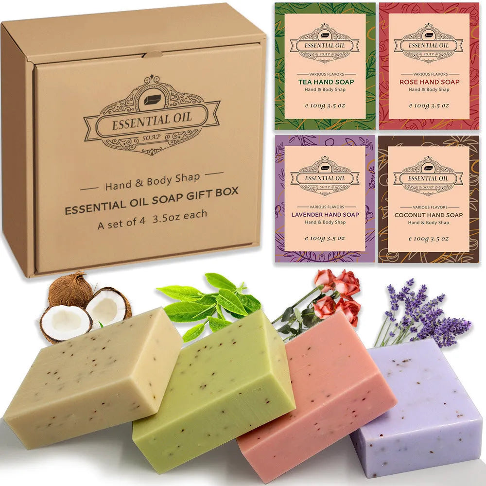 Handmade frosted essential oil soap bar in 100g size with scent options including coconut, green tea, lavender, and rose