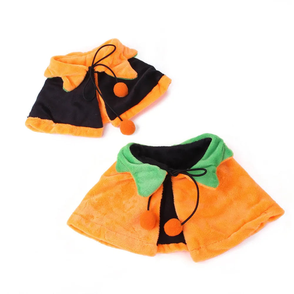 Reversible Halloween pumpkin dog cloak on pet with plush fabric in orange and black