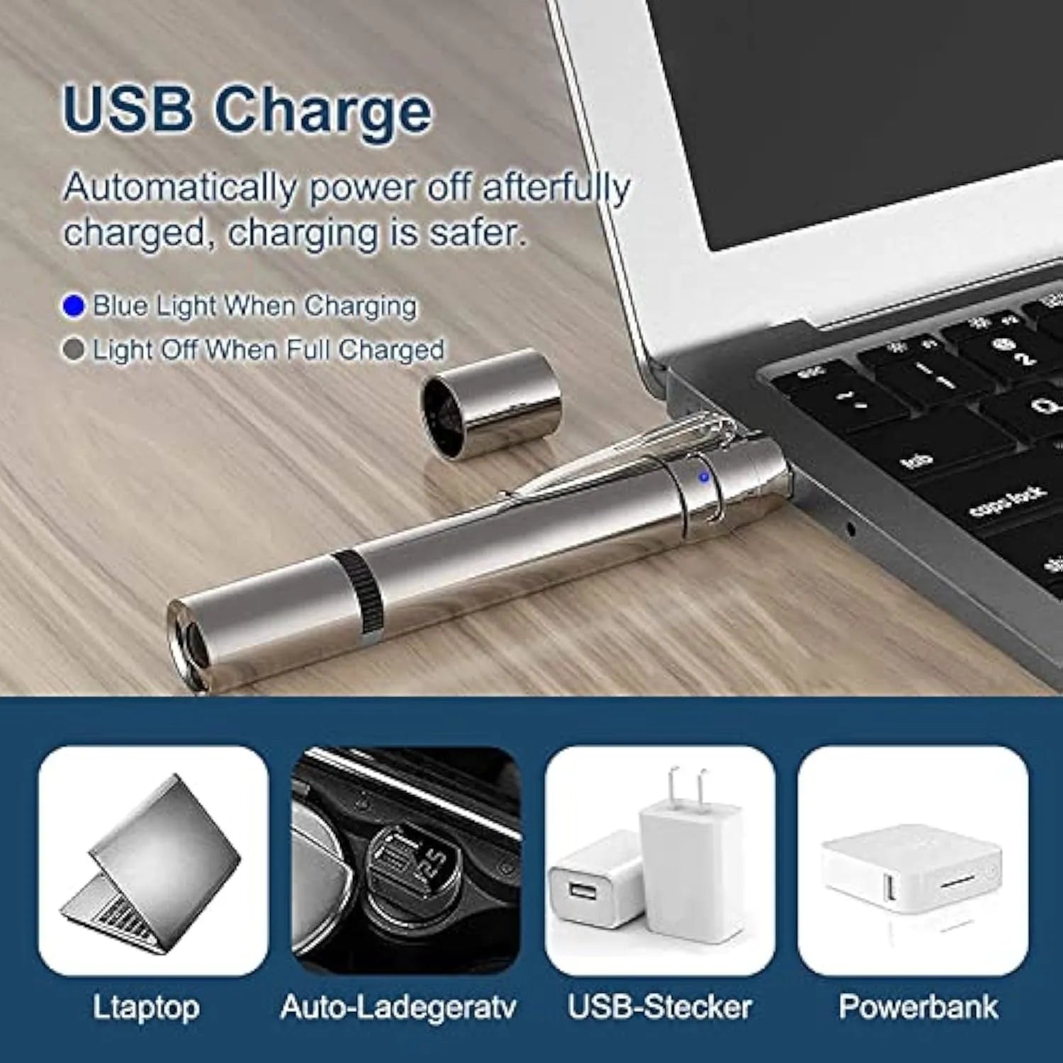 Silver aluminium cat laser pointer with USB charging port and adjustable light modes