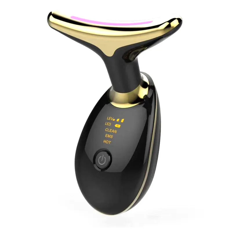 Handheld EMS thermal neck lifting massager device with LED lights on a white background.