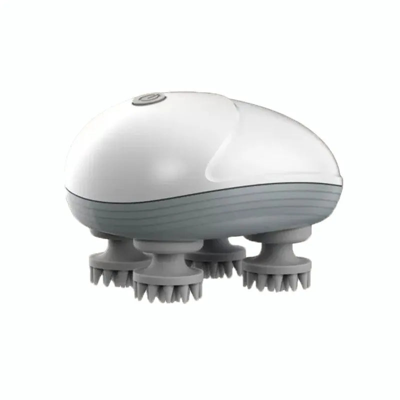 Blue handheld electric pet massager with four rotating heads on a white background