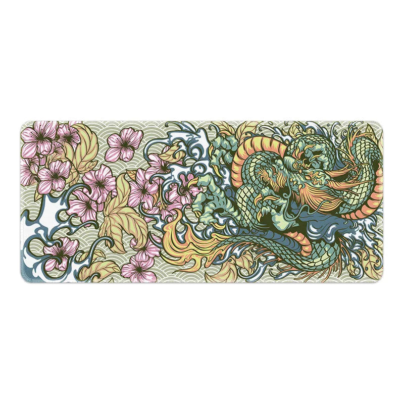 Cloth esports mouse pad with detailed floral dragon design on a desk, showing non-slip base.