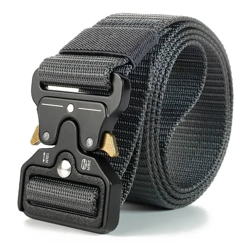 Men's tactical canvas belt with alloy buckle in multiple colour options showing 120cm length