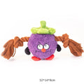 Green and purple interactive plush rope knot dog toy with molar tooth texture for tug of war and chewing.