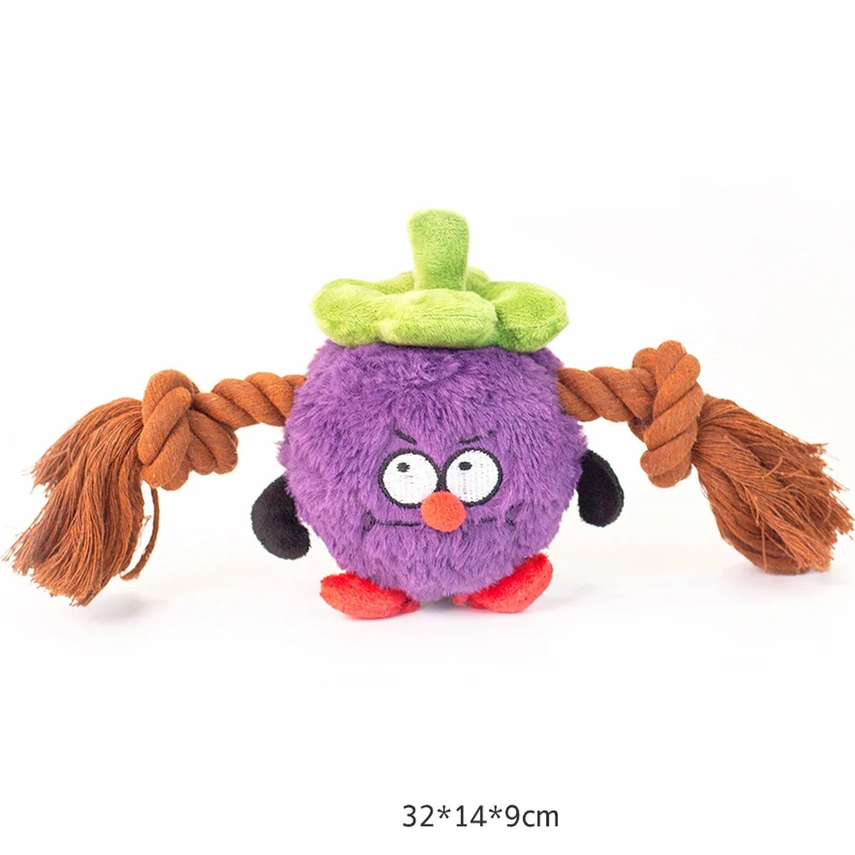 Green and purple interactive plush rope knot dog toy with molar tooth texture for tug of war and chewing.