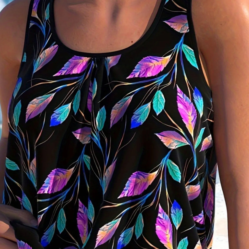 Women's split leaf swimsuit set with matching top and shorts in pure colour