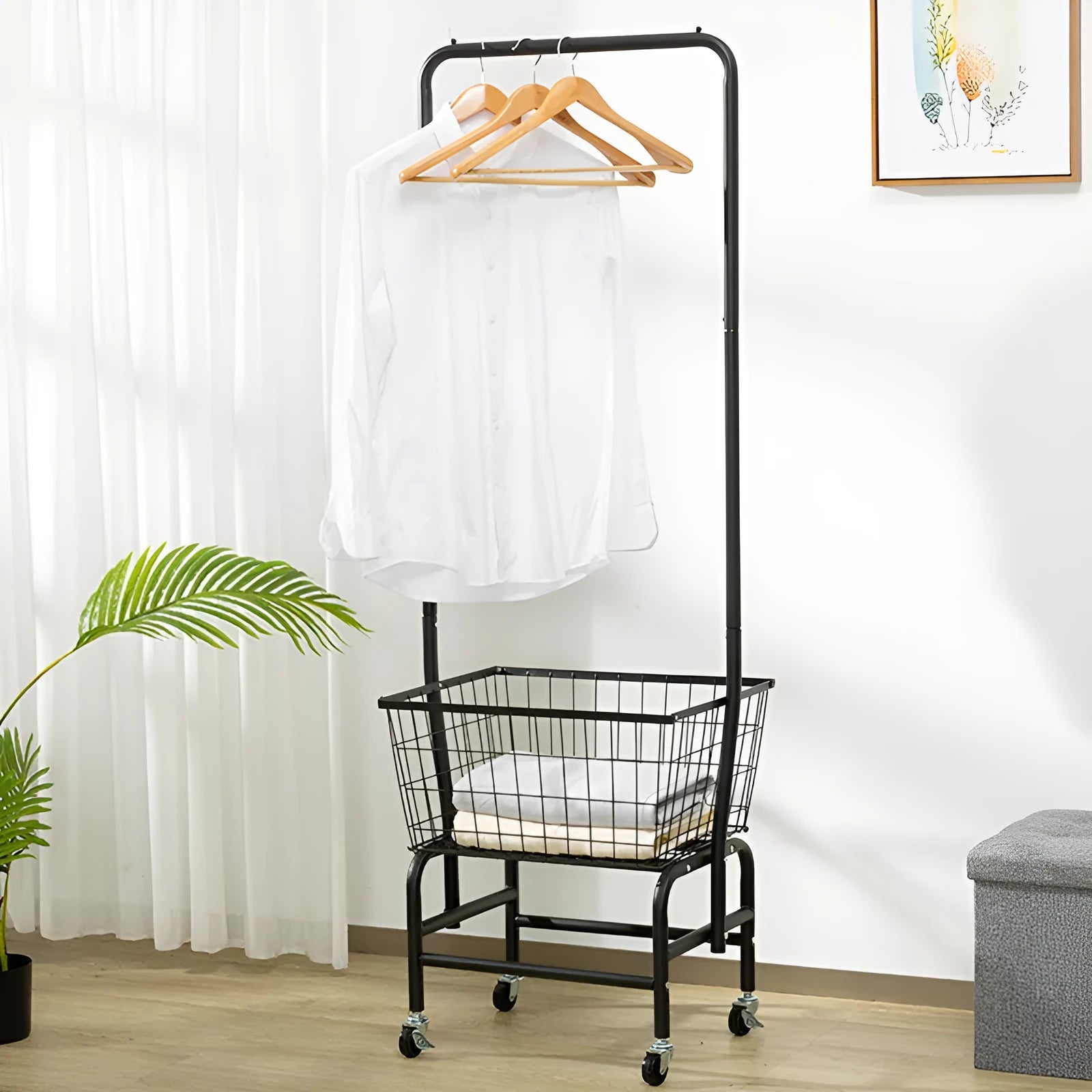 White iron pulley storage car with single rod for hanging clothes on hangers