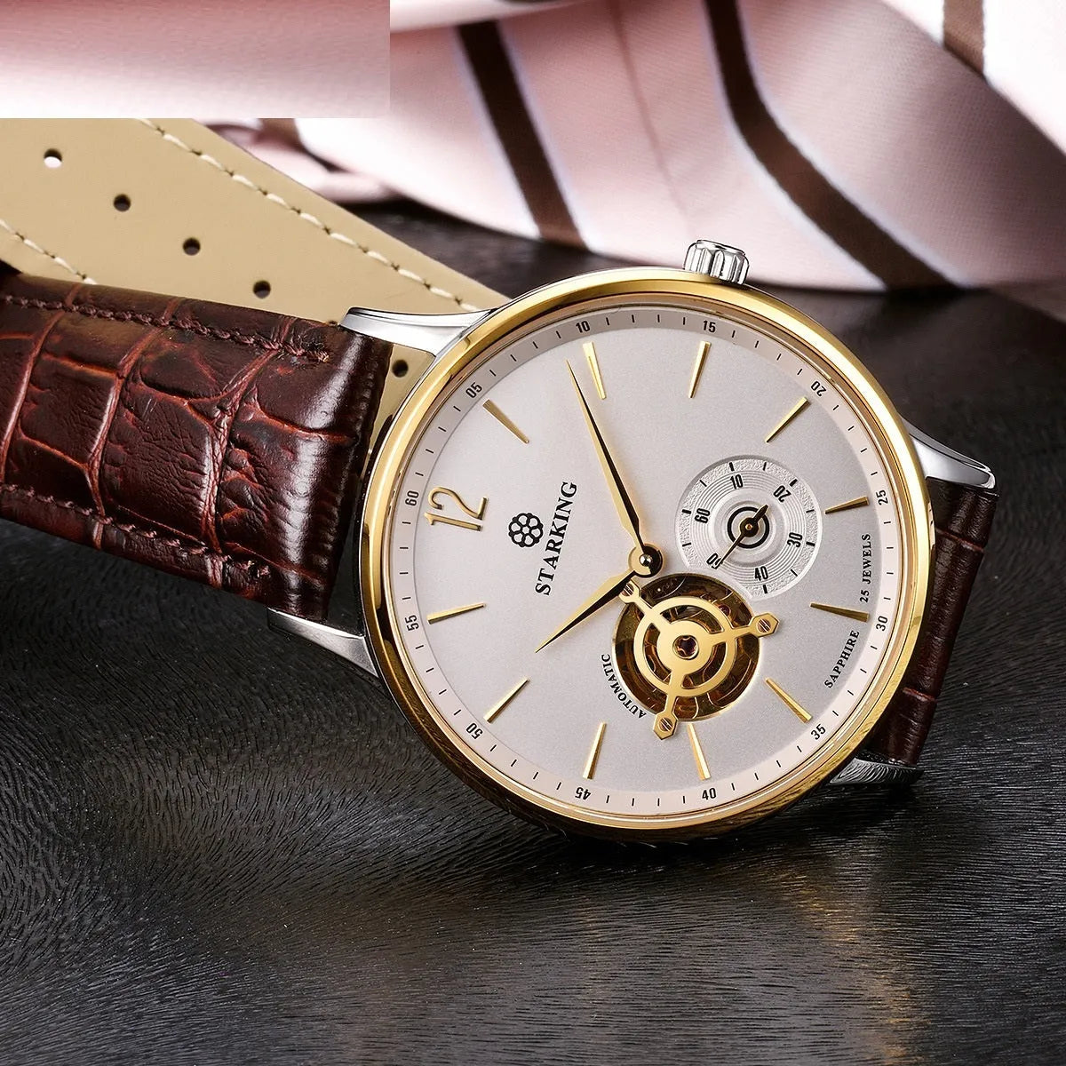 Automatic mechanical men's watch with stainless steel case, sapphire crystal glass, and brown leather strap