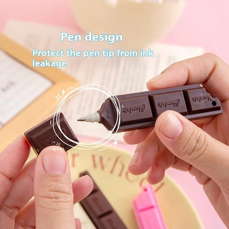 Chocolate-themed ballpoint pen with cartoon food design showing 0.5mm bullet tip