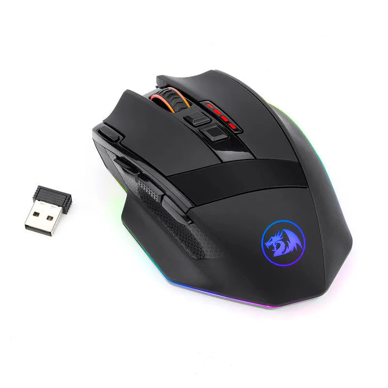 Black Redragon M801P wireless and wired dual-mode gaming mouse with multiple side buttons.