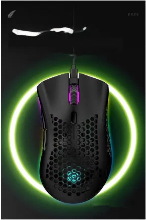BM600 hollow out wireless gaming mouse with RGB lights in cyan colour on a desk