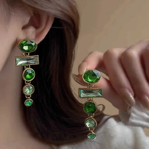 Geometric Chinese-style alloy earrings with green gradient colour, zircon inlay treatment and tassel detailing