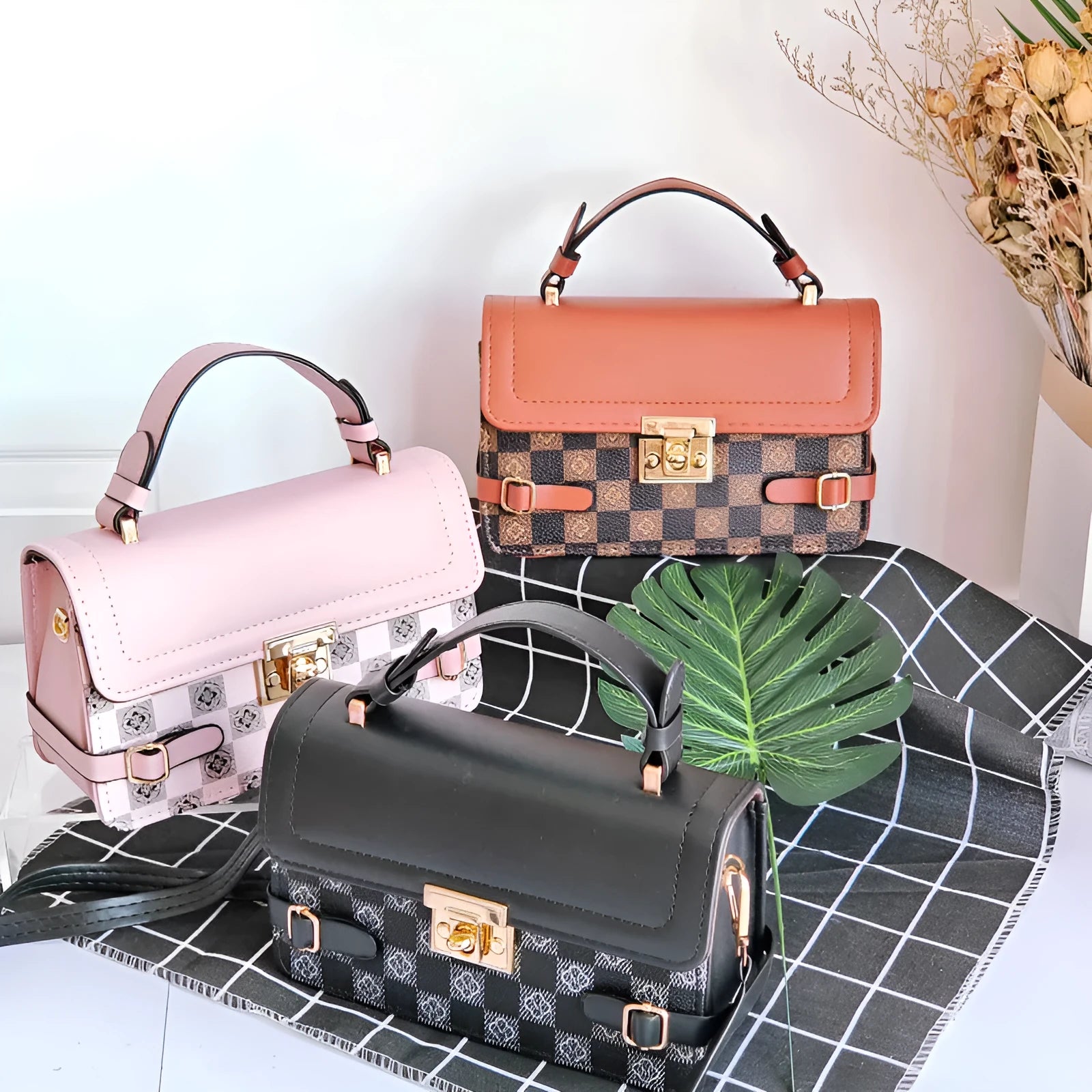PU leather retro square crossbody bag with ethnic stitching and plaid patterns, shown in apricot colour.