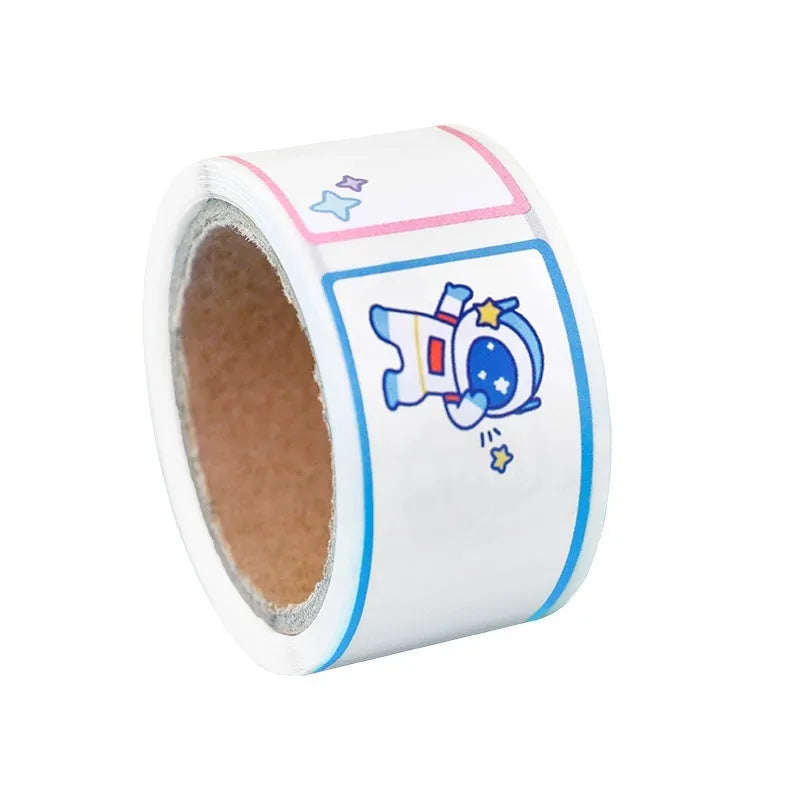 Cartoon tape name stickers in dinosaur, astronaut, rabbit and girl designs with 60 stickers per roll