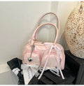Beige PU shoulder bag with double straps and phone compartment showing structured square shape