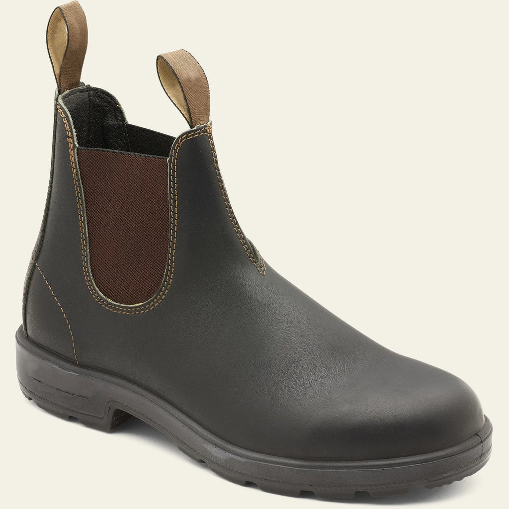 Vintage brown frosted PU leather Chelsea boots for men and women with car stitch detail and low heel.