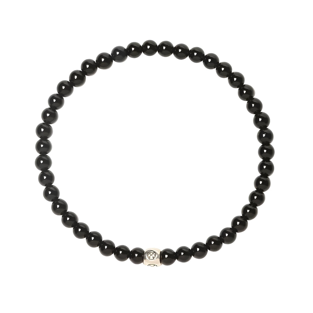 A unisex geometric bracelet with round and square obsidian, blue San and agate beads on a black background.