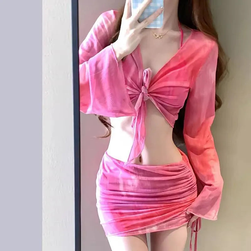 Blue women's high-waist bikini set with shirt, bra, underwear, and skirt on a mannequin.