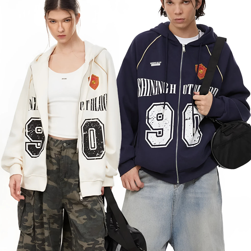 Women's American retro style cotton blend hooded jacket with front letter embroidery in loose cardigan fit