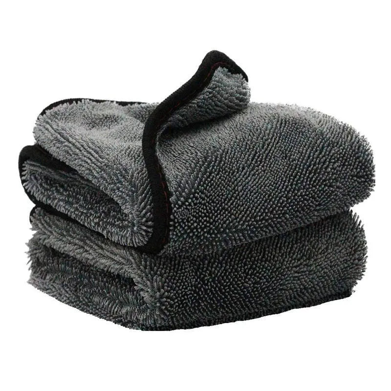 Grey 40x40cm microfiber car wash and drying towel laid flat.