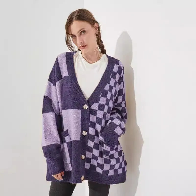 Women's loose fit printed checks cardigan knitwear in grey colour with open front design
