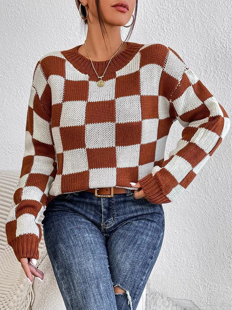 Dark brown plaid pattern acrylic loose fit sweater with long sleeves and round neck