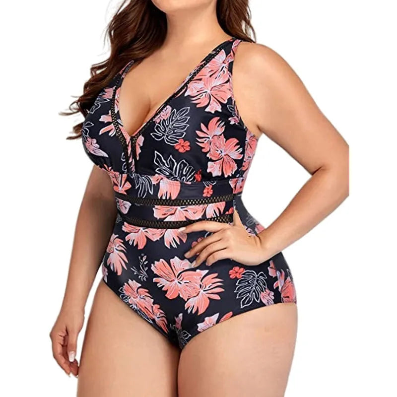 Black printed plus-size bikini swimsuit for women on a hanger.