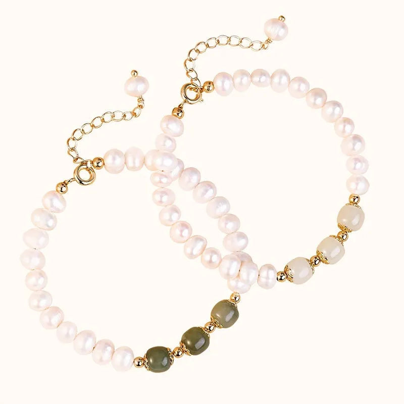 Diamond-shaped freshwater pearl bracelet with electroplated Hetian jade colour in deep or light tone options