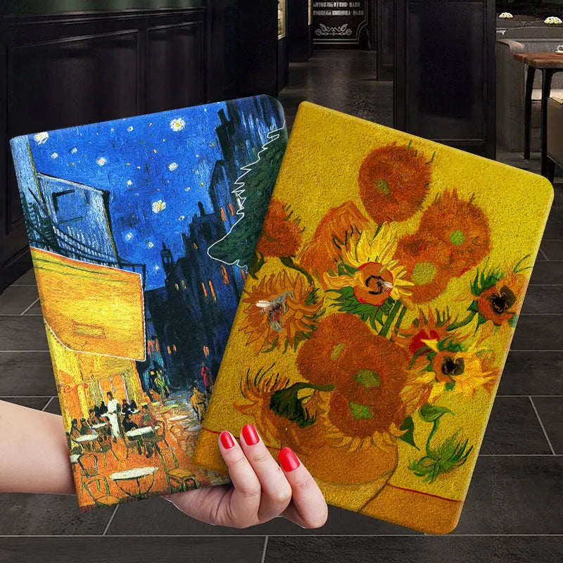 Handmade liquid silicone iPad flip case showing apricot flower artistic design on cover.