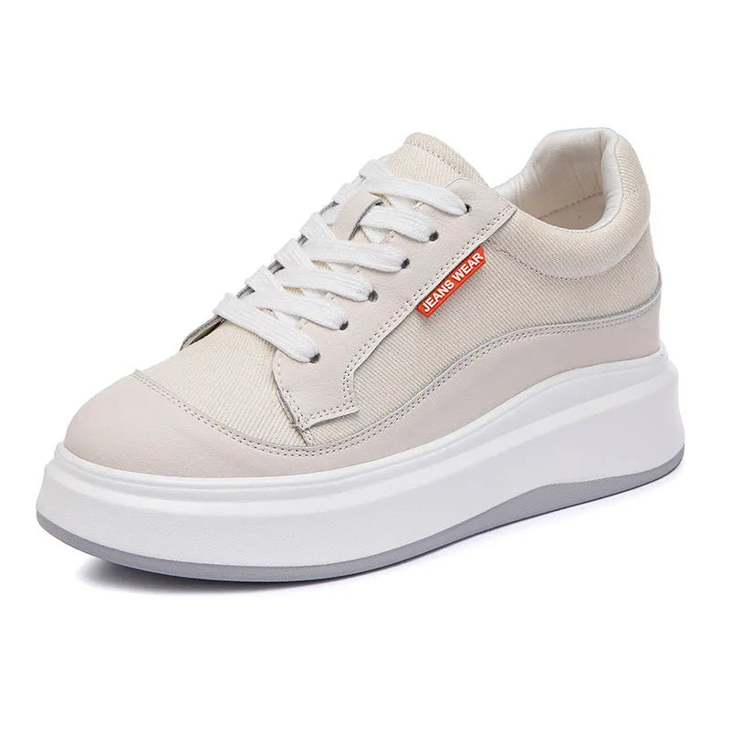 Beige and pink women's leather board shoes with thick soles shown from the side.