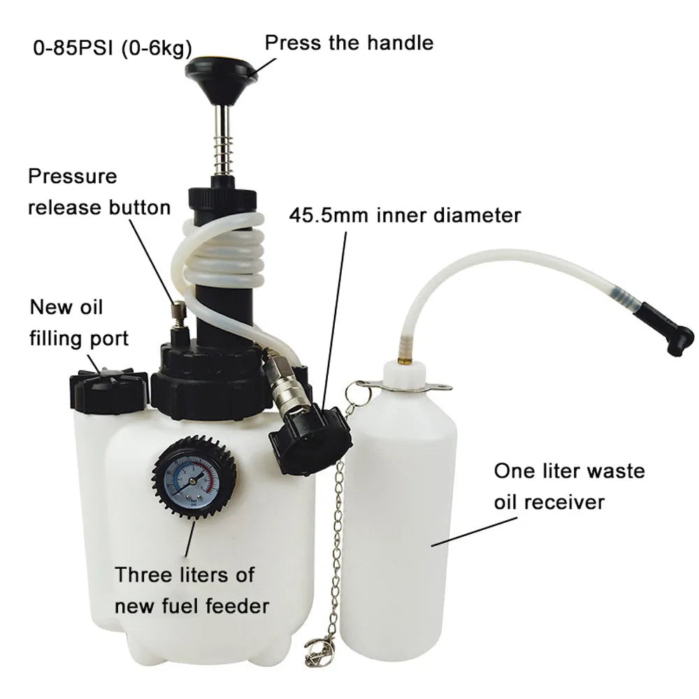 White 3-litre automotive brake fluid replacement tank tool with copper pipe and iron fittings