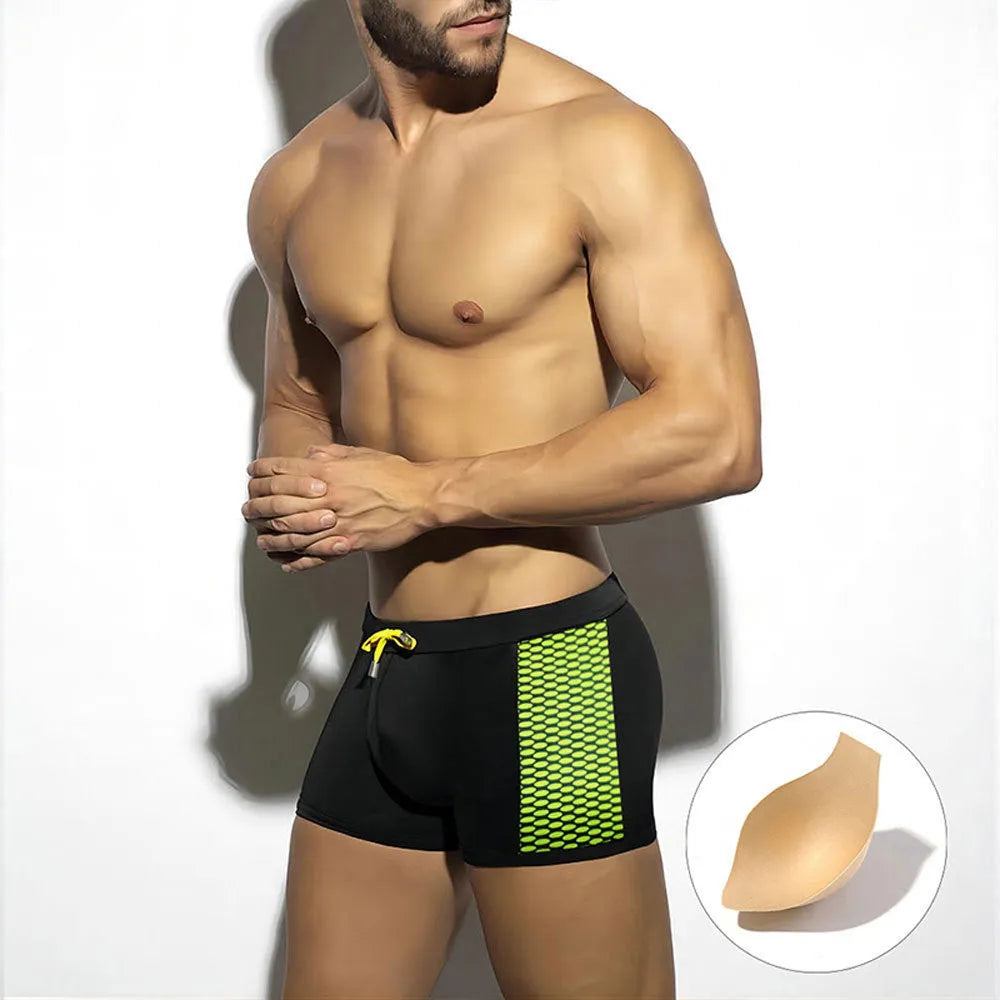 Men's polka dot print swimming boxers in three colour options with quick-drying nylon fabric
