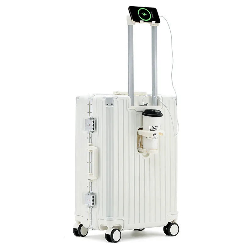 Aluminium frame trolley suitcase with USB port and universal wheels in avocado green colour.