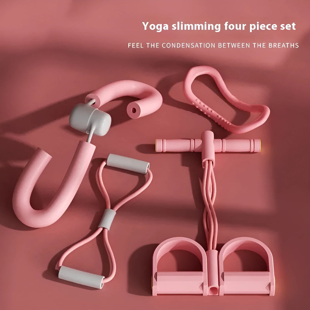 Yoga four piece set showing leg stretching device, pedal exerciser, yoga ring, and tension rope for home fitness training