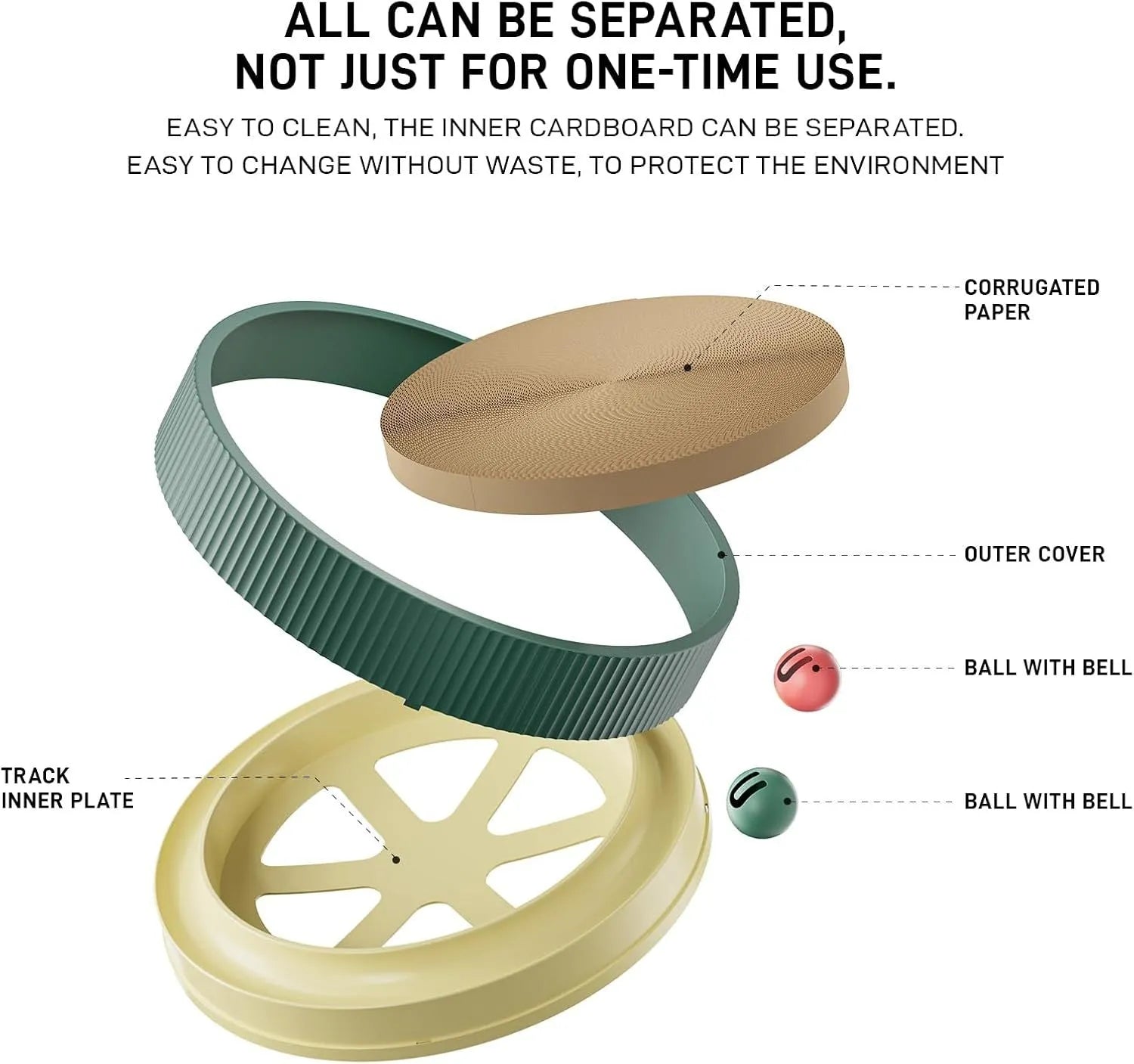 Large green circular cat scratching board with ball track and plush toy for indoor cats