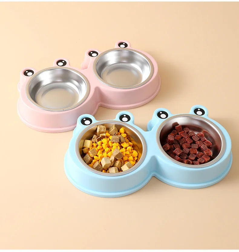 Stainless steel pet double bowl with food and water compartments in blue, green, and pink colour options