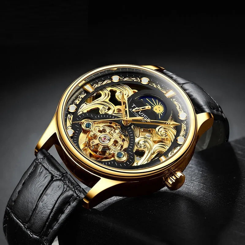 Men's automatic waterproof mechanical watch with leather strap and stainless steel case