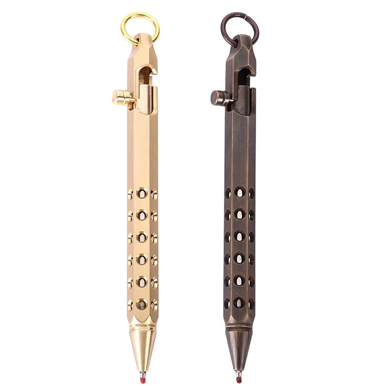 Brass hexagonal bolt pen with 0.5mm tip showing hexagonal profile and signature roller mechanism