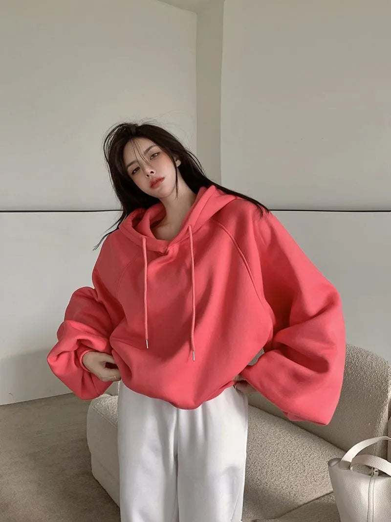 Women's mulberry silk hooded sweater in watermelon red colour with sleeveless loose fit design