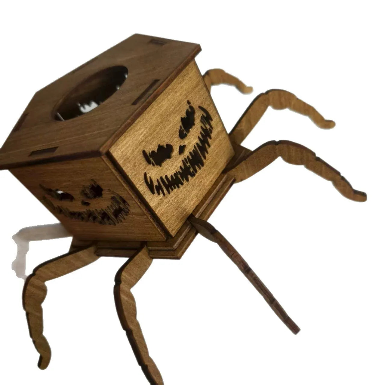 Wooden Halloween spider lantern candlestick decoration measuring 21cm by 8.5cm