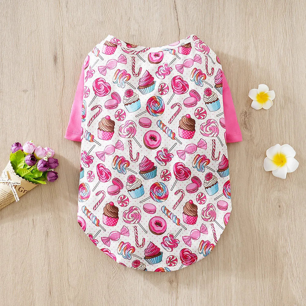 Polyester full printed t-shirt for small dogs showing colour options and weight-based sizing