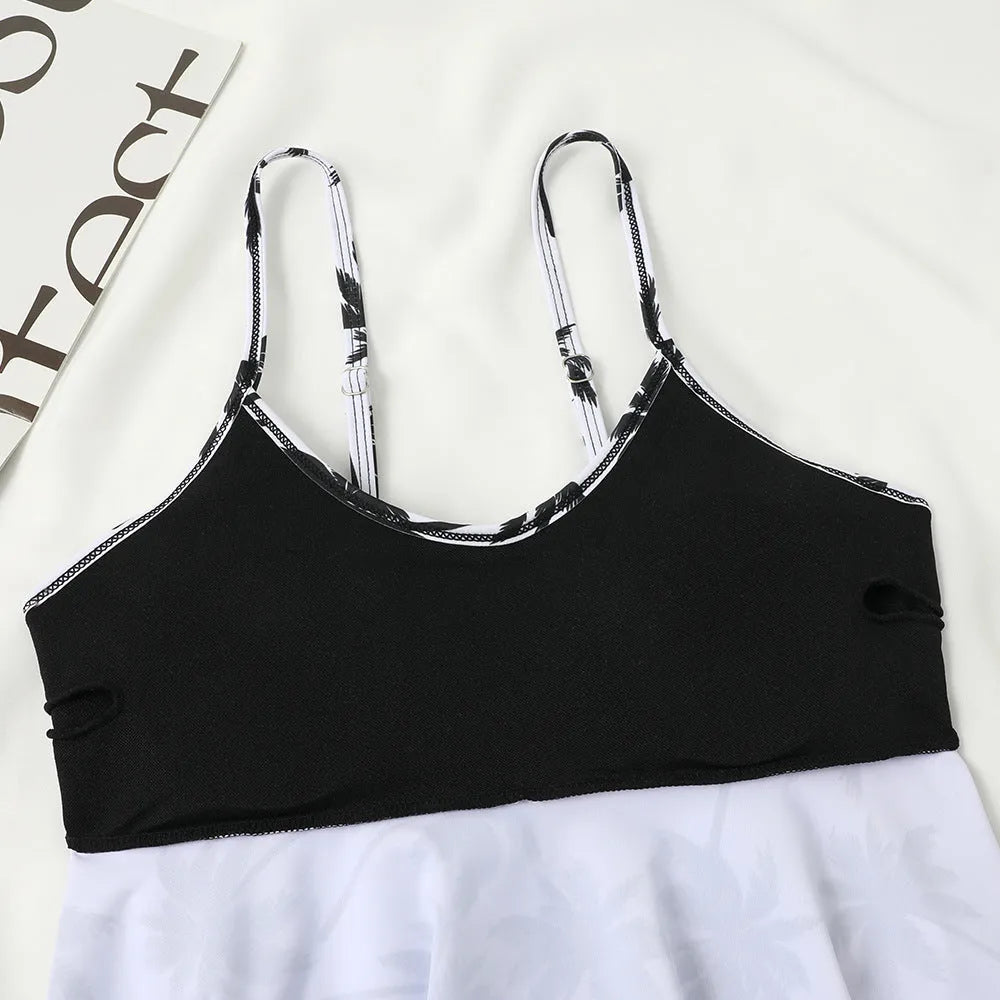 High waist two-piece swimsuit with adjustable ties in black or coconut tree floral print