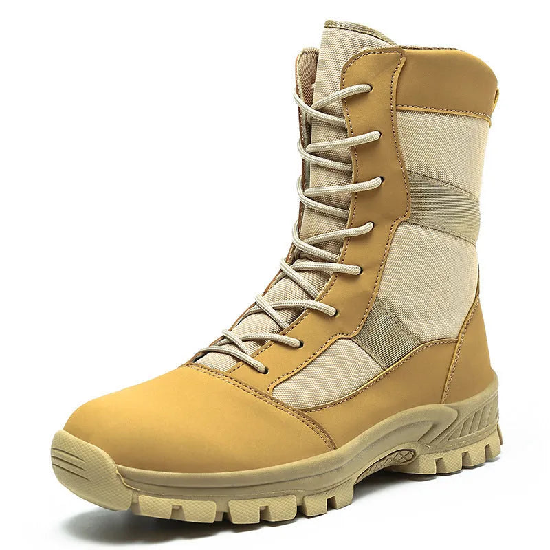 Men's black and camouflage high-top Martin boots with mesh upper and totem detailing