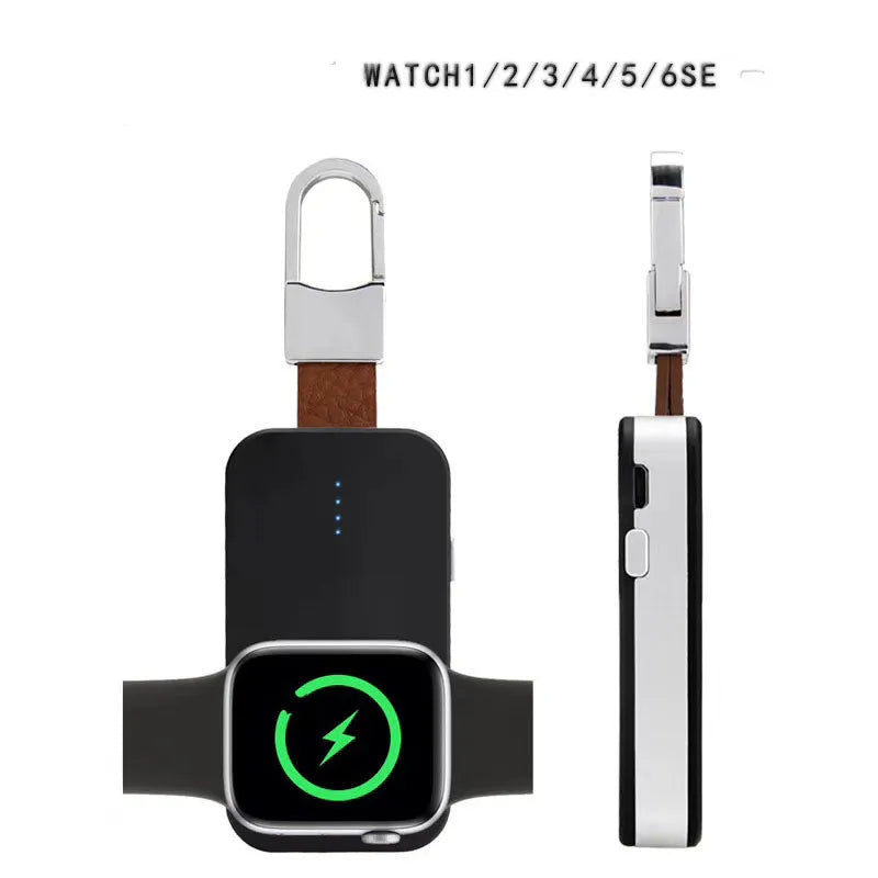 Black Apple Watch portable wireless power bank on a keyring showing compact size