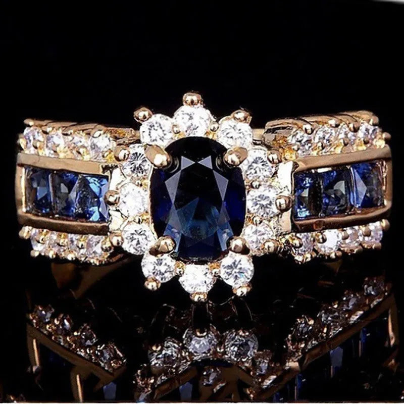 Personalised unisex zinc alloy ring with diamond and zircon accents in sunflower blue, square blue, or square purple designs.